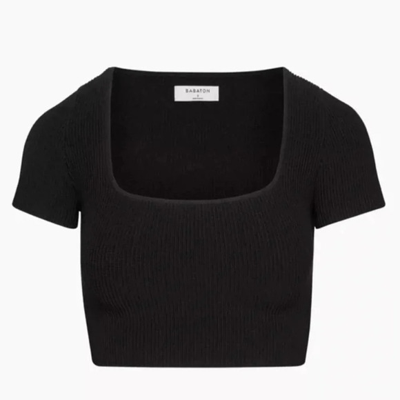 Aritzia Babaton Sculpt Knit Squareneck Short Sleeve Top  Black Size Medium - Picture 1 of 6